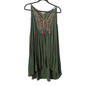 Umgee Boho Green Embroidered V-Neck W Tasslels Sleeveless Crinkle Dress Or Tank